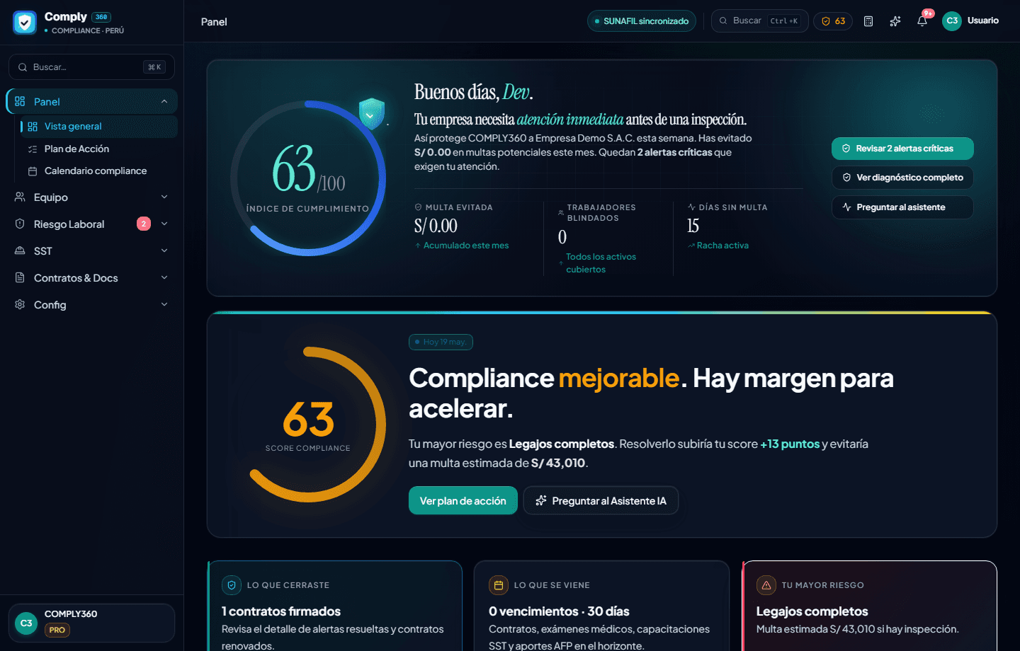 Tour guiado del dashboard de Comply360 con score de cumplimiento
