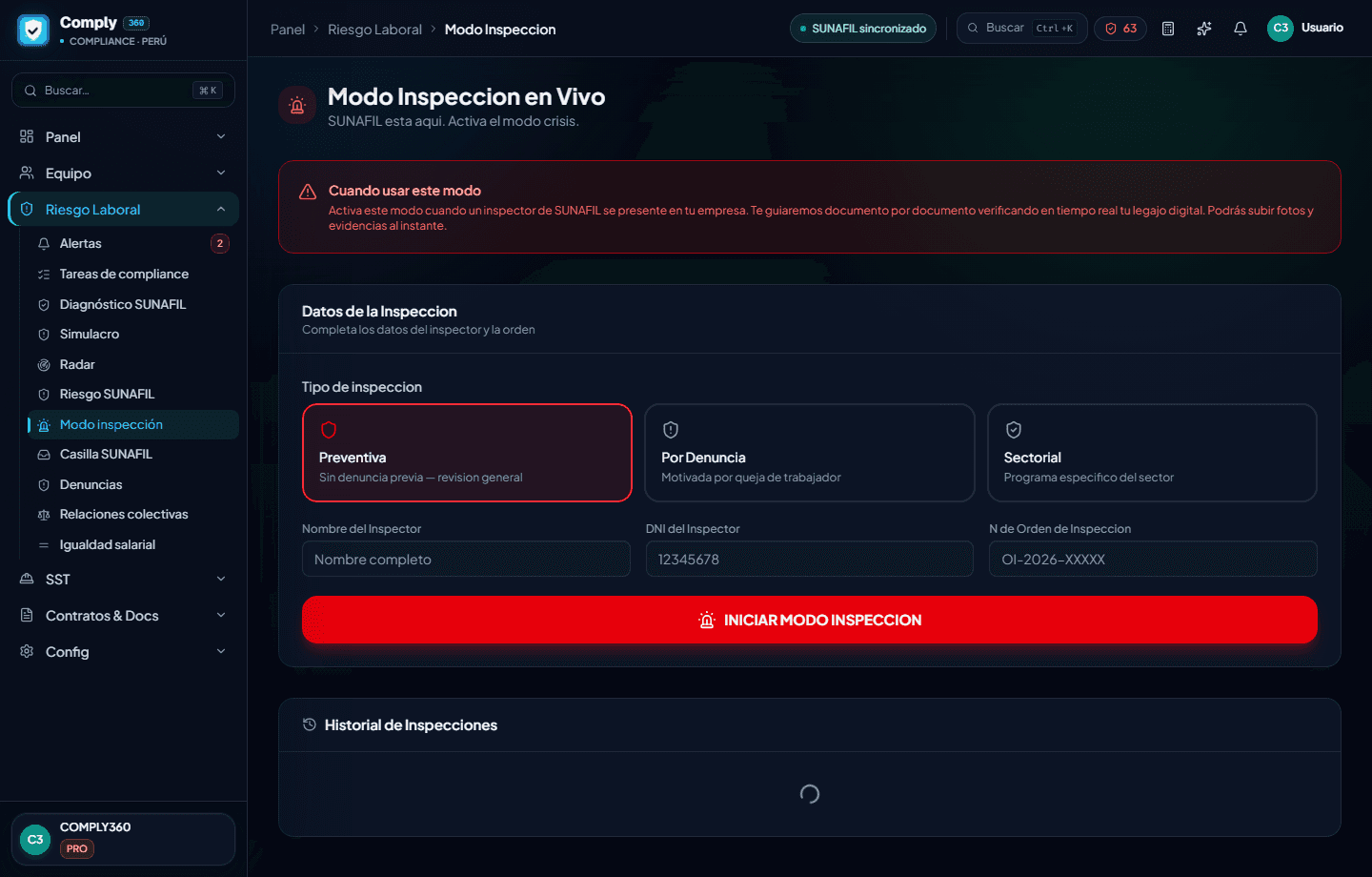 Tour guiado del modo inspección en vivo de Comply360